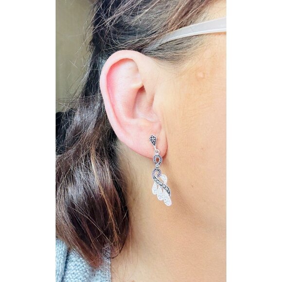 Estate Sterling Silver 925 Marcasite & CZ Drop Dangle Earrings, 4.03g, Push Back - Picture 5 of 8